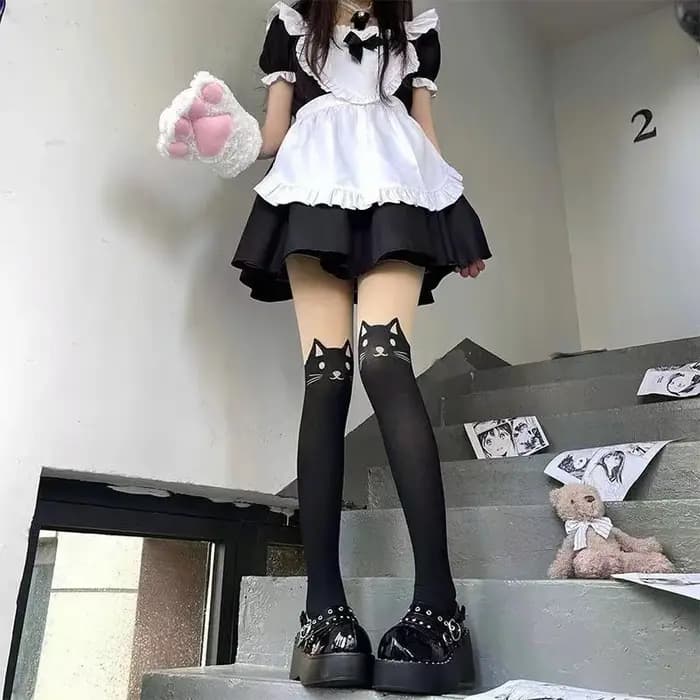 Femmes mignon chat noir imprimé soie genou chaussettes décontracté cuisse coton chaud haut