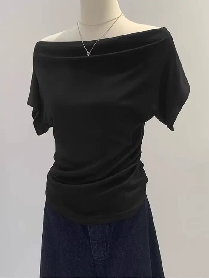 T-shirt noir à manches courtes pour femmes, asymétrique épaule dénudée, Style coréen, haut amincissa