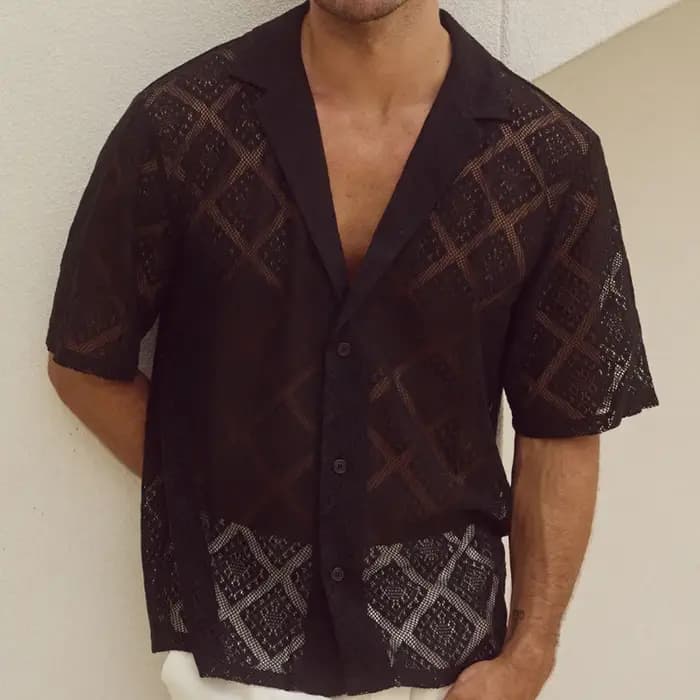 Chemise d'été Cool pour hommes, tricoté, ajouré, dessus respirant, mode, manches courtes, revers, ch