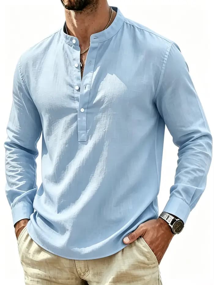 Chemise à col Henley à manches longues pour homme, légère, respirante, style lin décontracté, chemis