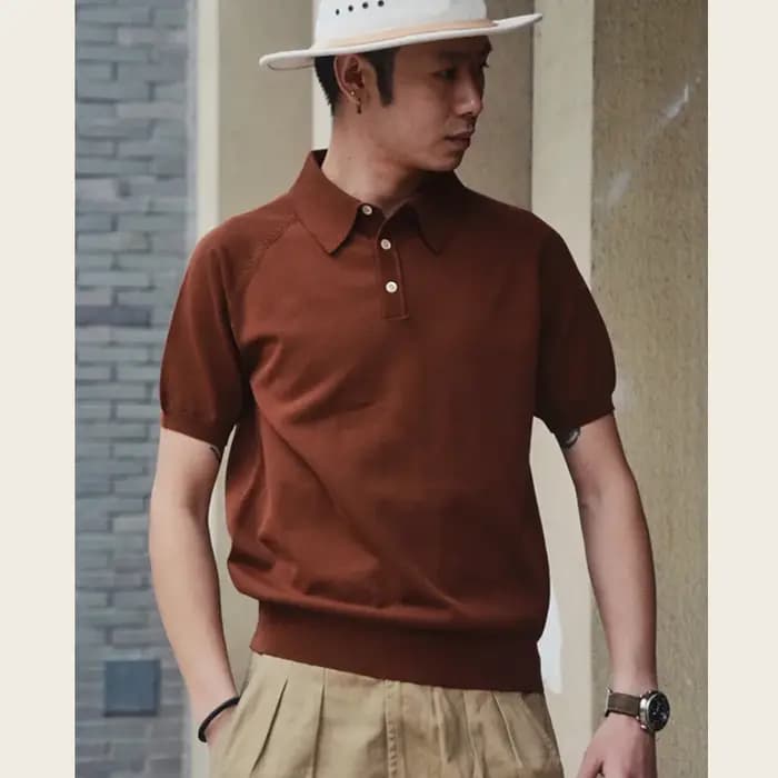 Polo italien pour hommes, 100% coton tricoté, coupe cintrée, Vintage, couleur unie, revers, manches