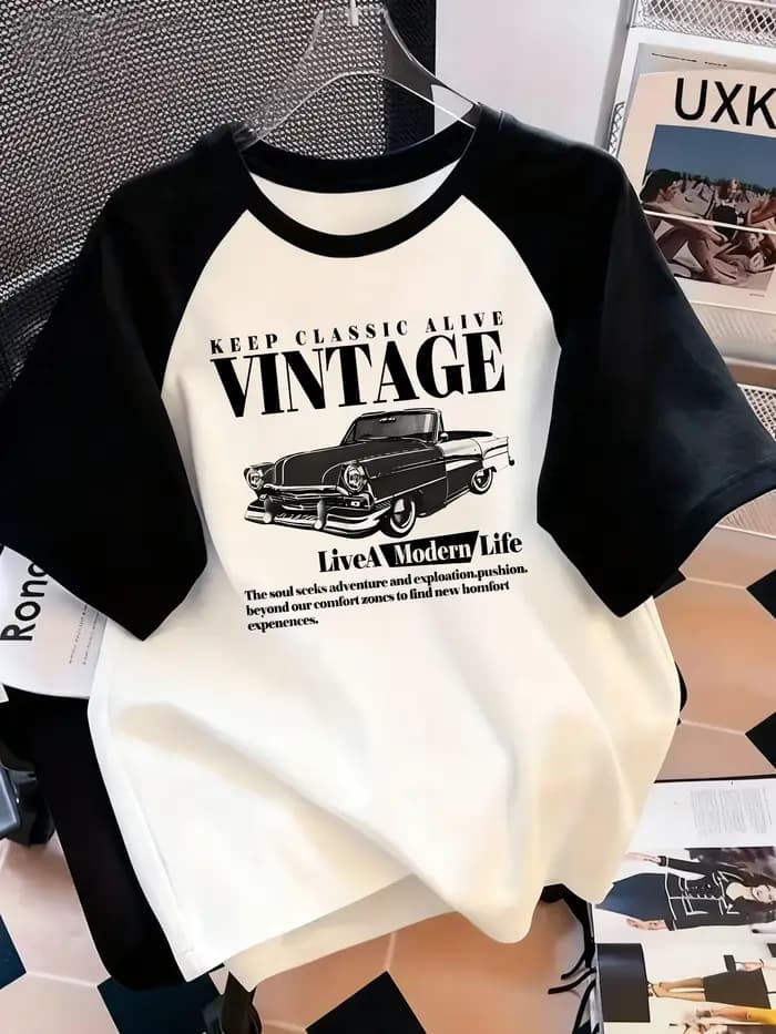 Harajuku Vintage voiture graphique lettre imprimer col rond T-Shirt décontracté à manches courtes ha
