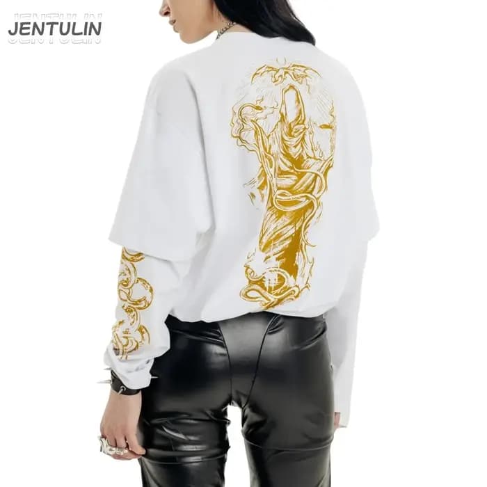 Harajuku surdimensionné Streetwear vêtements pour hommes deus mortis imprimé graphique Hip Hop faux deux pièces t-shirts à manches longues hauts Goth Y2k