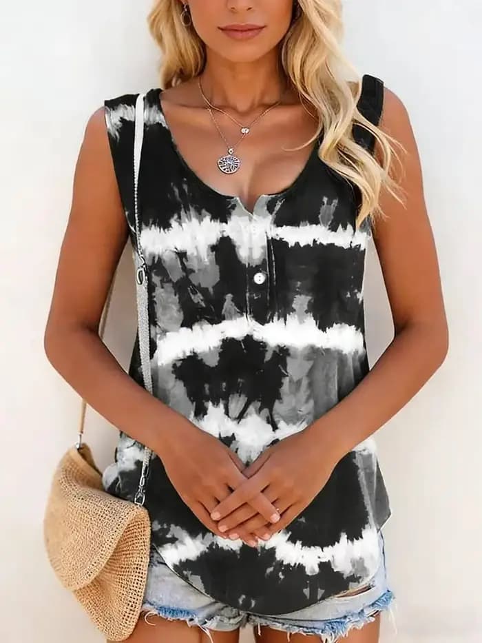 Débardeur ample tie-dye noir et blanc pour femme, col en V, boutonné, sans manches, style bohème, pour le printemps et l'été, décontracté, streetwear