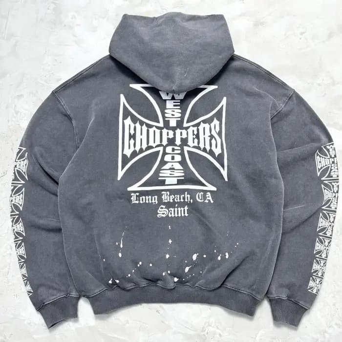 Sweat-shirt à capuche ample classique Y2k West Coast Choppers Skeleton Cross, effet délavé, coton de