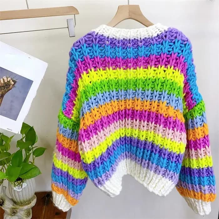 Femmes à la main arc-en-ciel coloré chaud gros tricot volumineux Cardigan multicolore pull manteau automne hiver nouveau dans les vêtements de femme