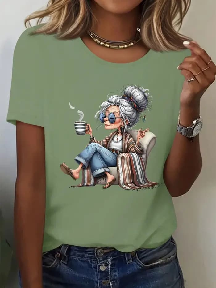 T-shirt élégant à manches courtes pour femme avec imprimé graphique Granny