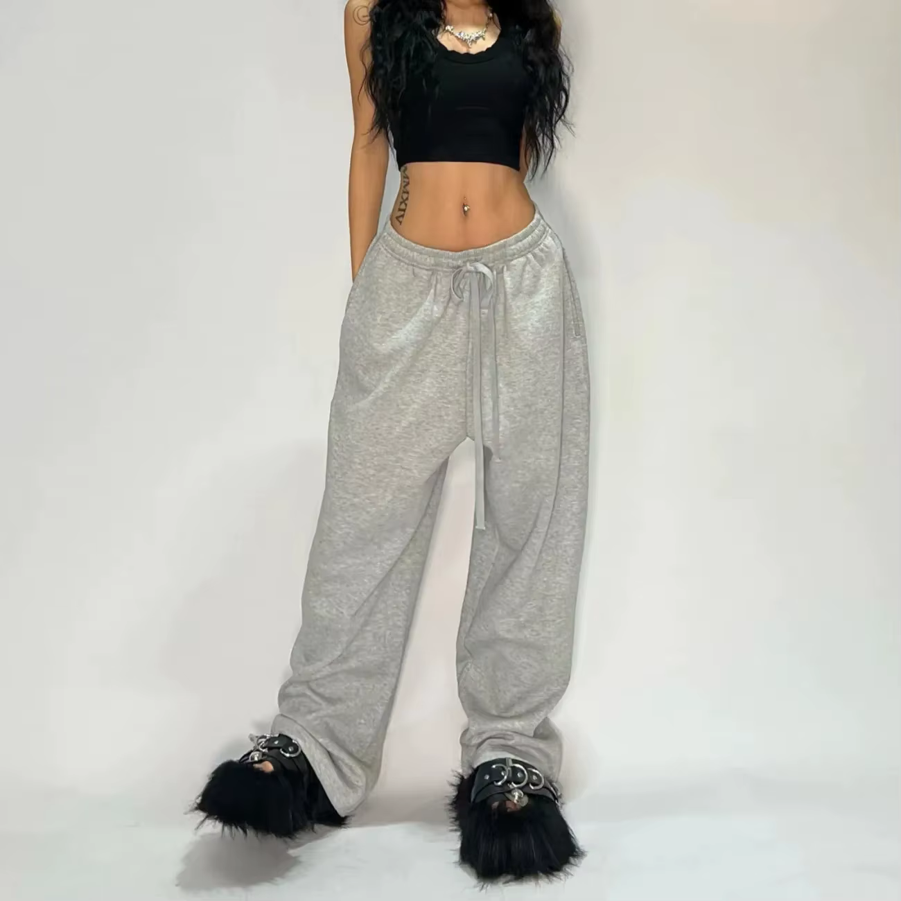 Pantalon de survêtement surdimensionné pour femme, gris et noir, Streetwear coréen Y2K, ample, décon
