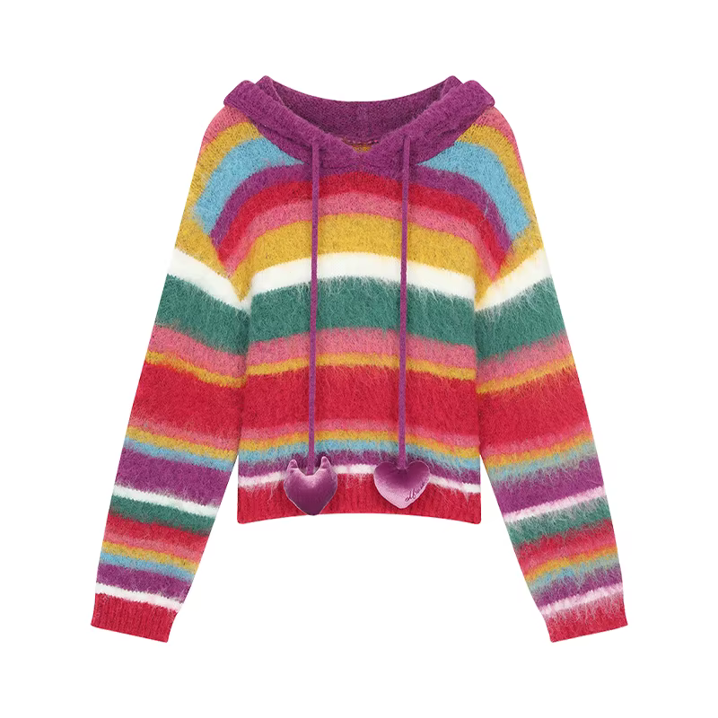 Sweat à capuche moelleux arc-en-ciel ELFSACK pour femmes, surdimensionné, style Y2K, avec breloque e