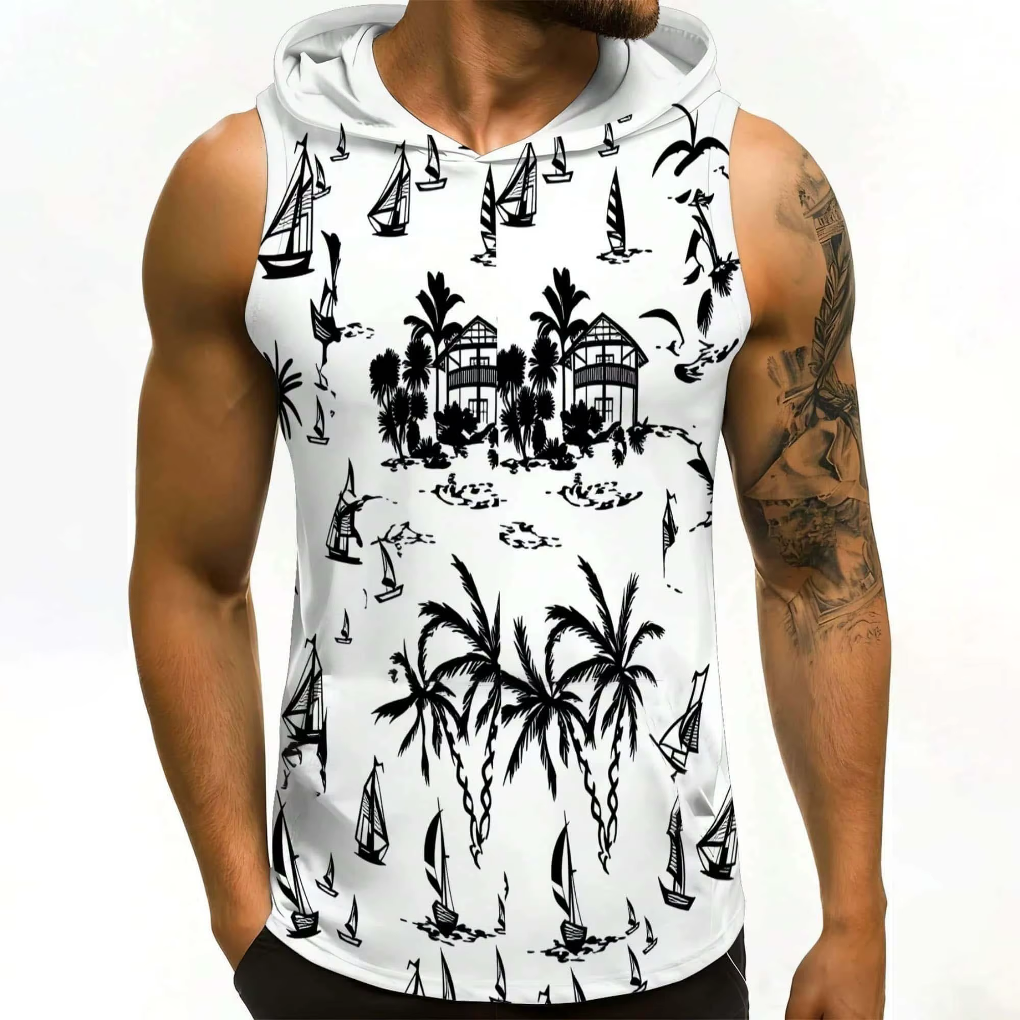 Débardeur à capuche pour homme, motif plage tropicale, base blanche, imprimé palmiers noirs, léger, 