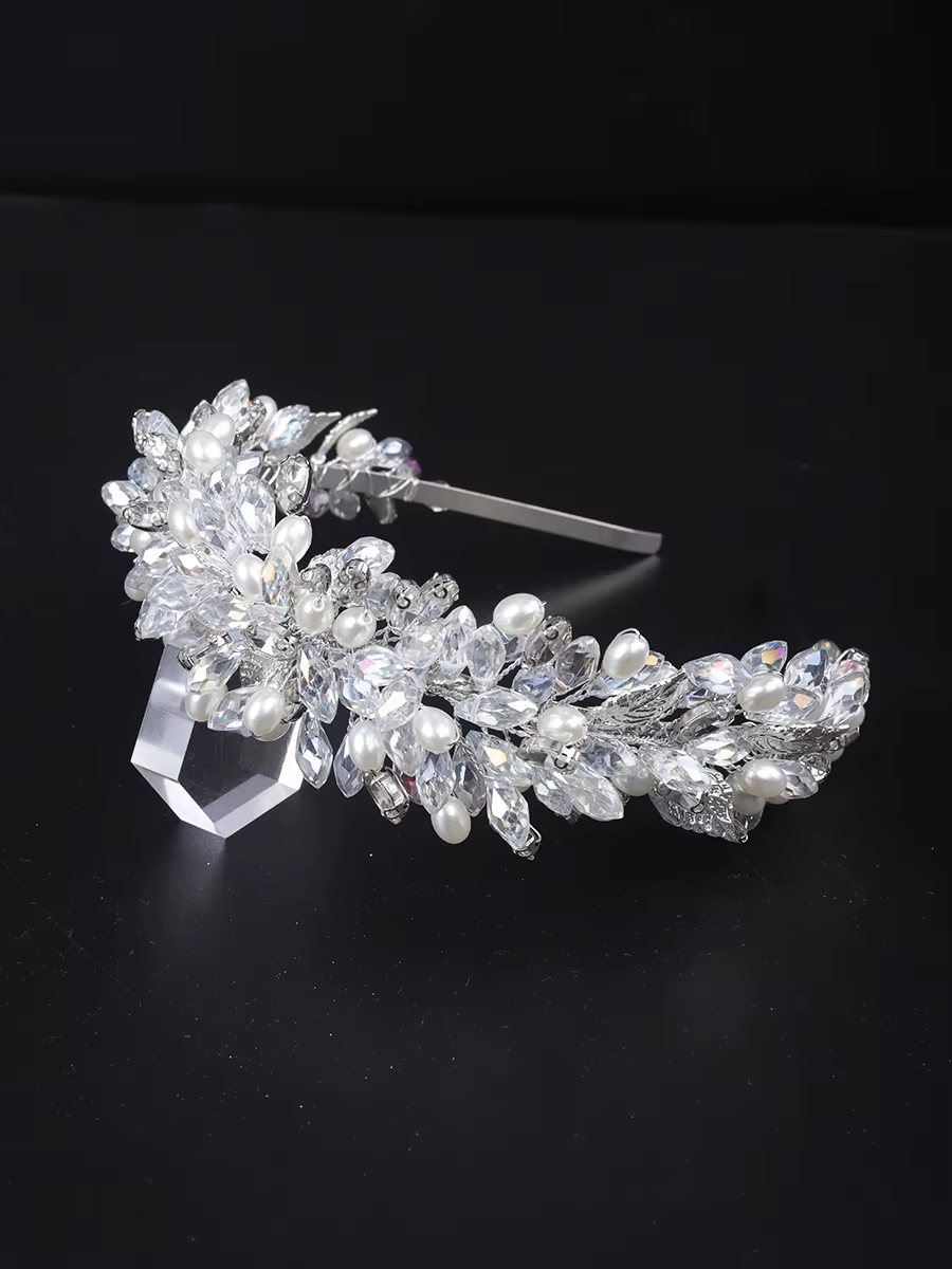 Argent femmes cristal bandeaux perles tête accessoires bandeaux et boucles d'oreilles ensemble feuil