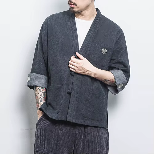 Chemise en Denim pour Homme, Cardigan Décontracté, Style Chinois, Streetwear Trois Quarts, Point Ouv
