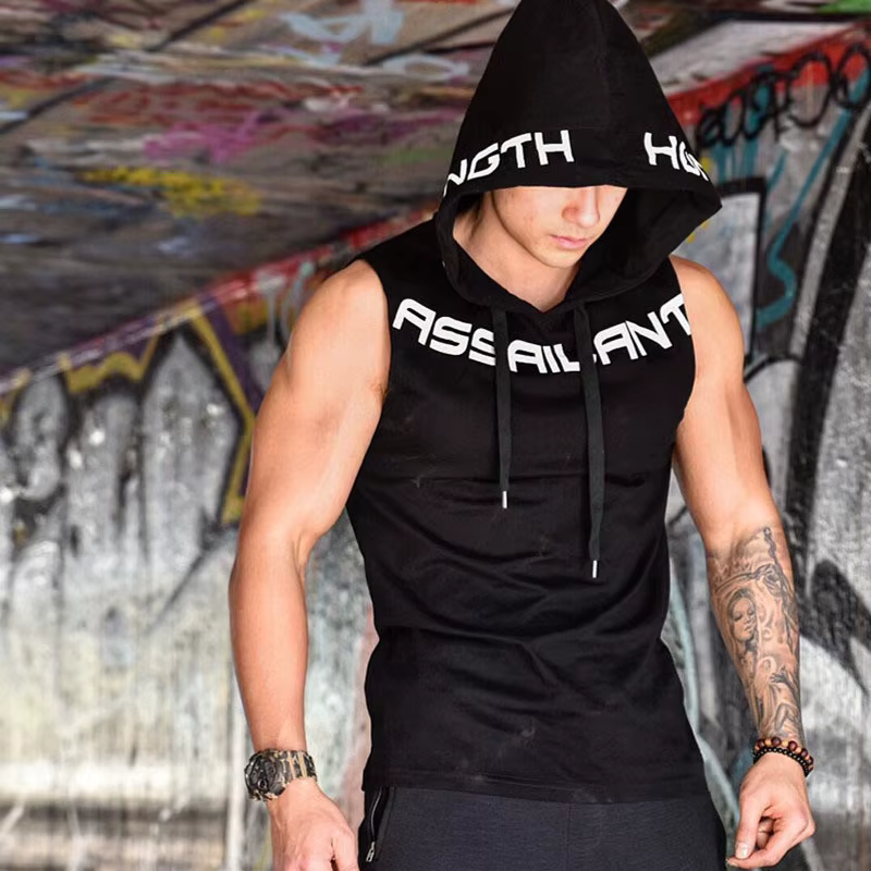 Hommes débardeurs vêtements de sport Fitness sweat à capuche sans manches gilets coton Singlets homm