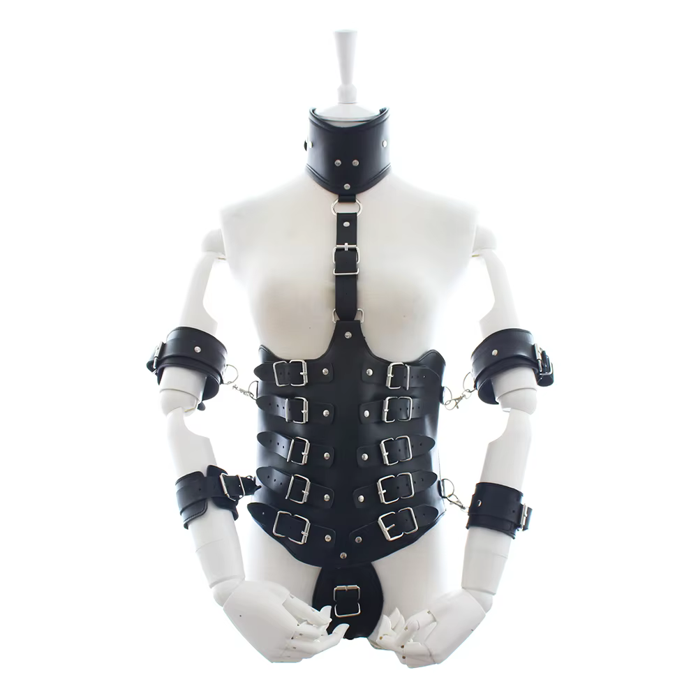Thierry Lockdown-Corset Cincher en cuir, camisole de force de bondage corporel avec poignets, menott