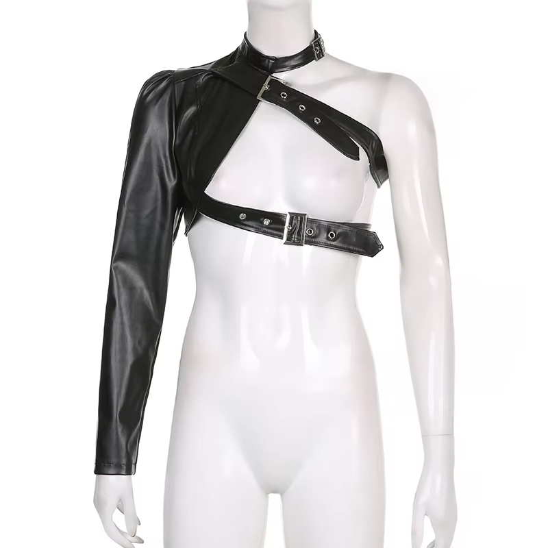 Haut court Style Punk pour femmes, Cool, manches longues, cintre de cou, ceinture en cuir, hauts con