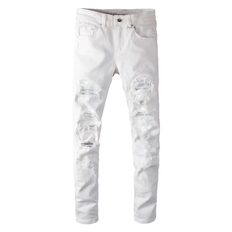 Sokotoo hommes trous de cristal blanc déchiré jean mode mince maigre strass Stretch Denim pantalon