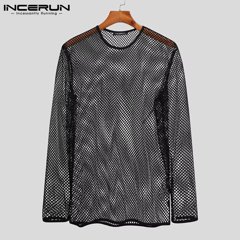 INCERUN-T-shirt à manches longues en maille transparente pour hommes, Économie à col rond, Streetwea
