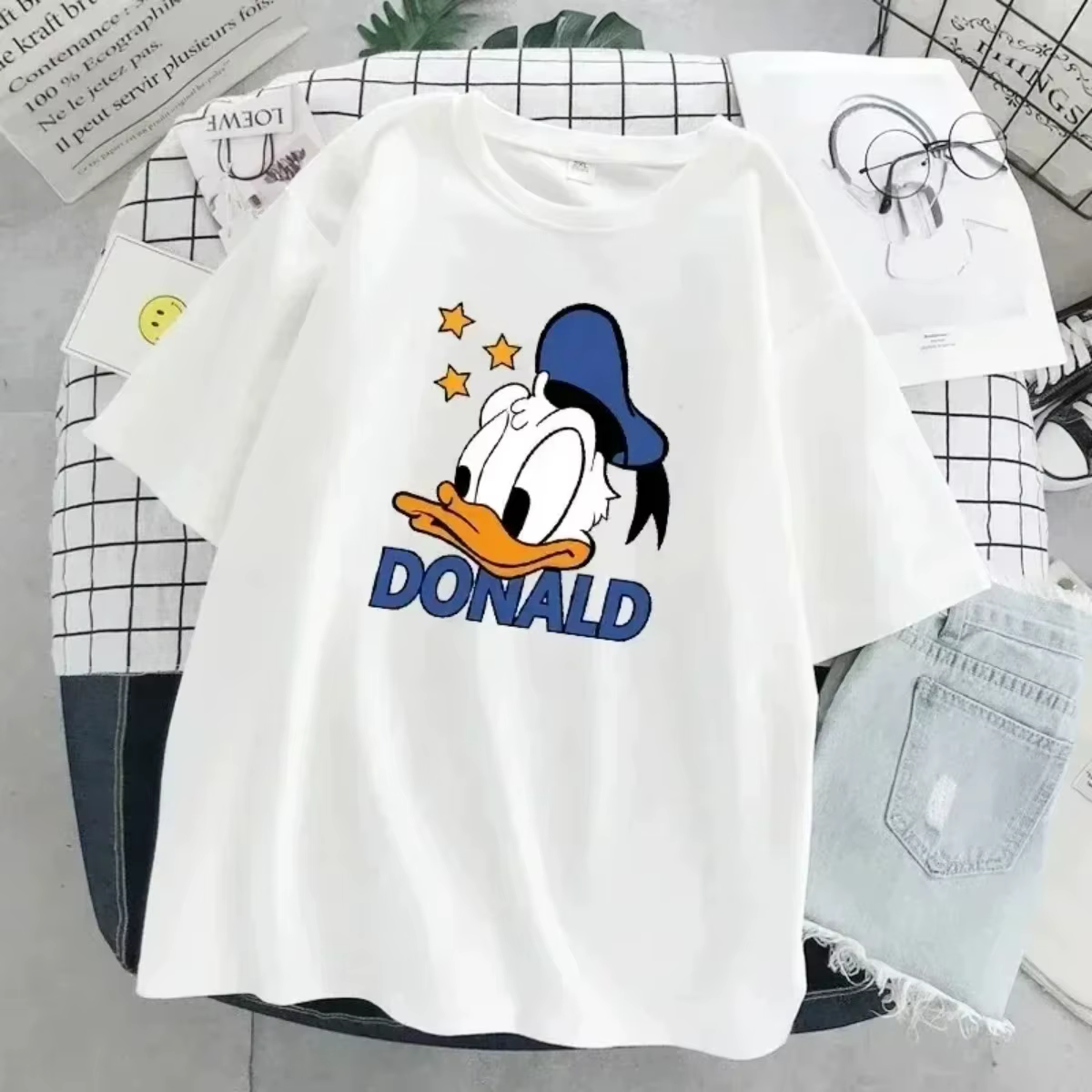 T-shirt imprimé dessin animé Disney Donald Duck Daisy pour femmes, T-shirt décontracté à manches cou