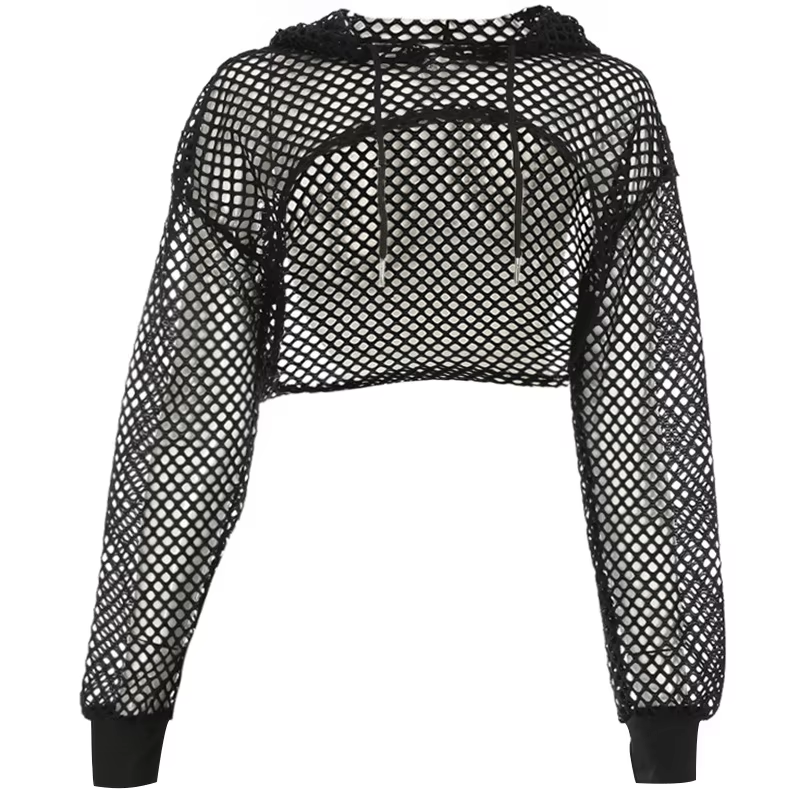 T-shirt en résille à manches longues pour femmes, style de rue, transparent, évider, à capuche, haut