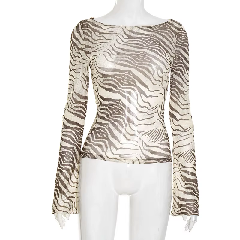 T-shirt à manches longues imprimé léopard zèbre pour femmes, Sexy, léger, transparent, coupe cintrée