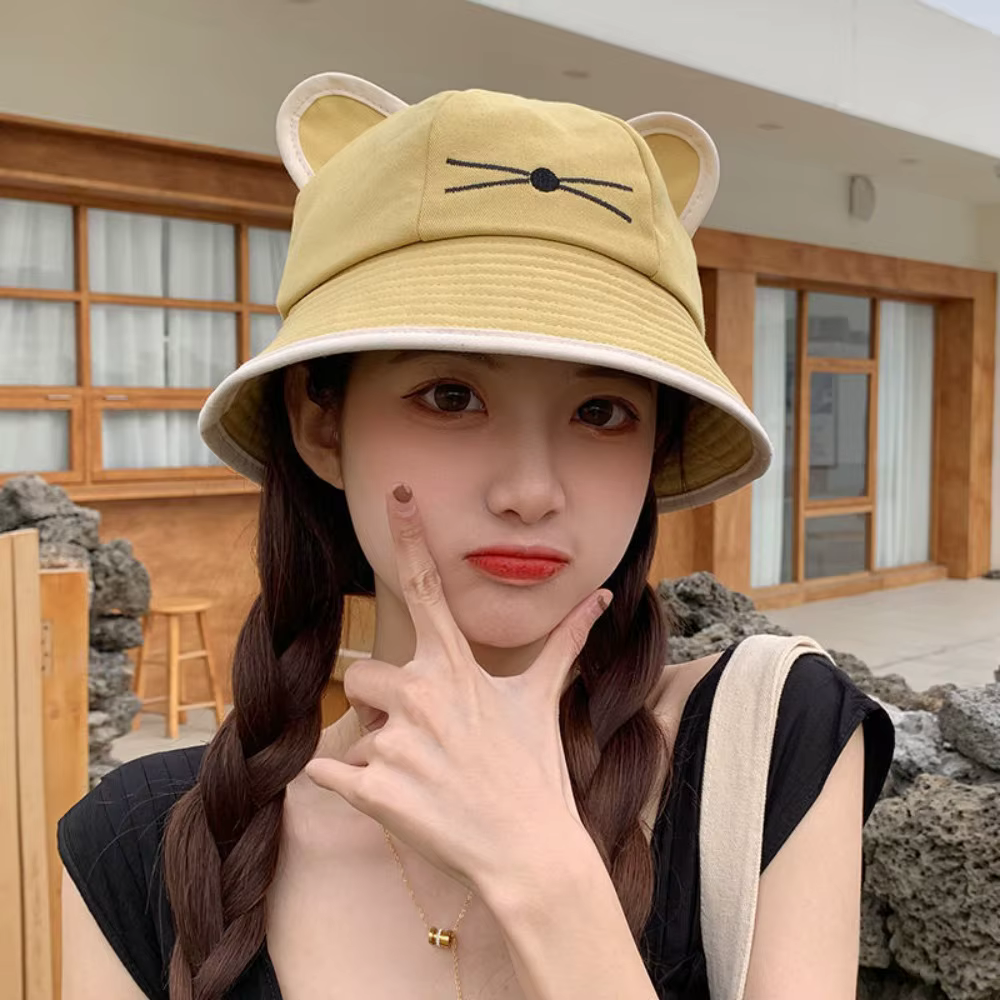 Chapeau Bob Femme à Oreilles de Chat Kawaii, en Coton à Large Bord, Printemps-Été, Style Dessin Anim