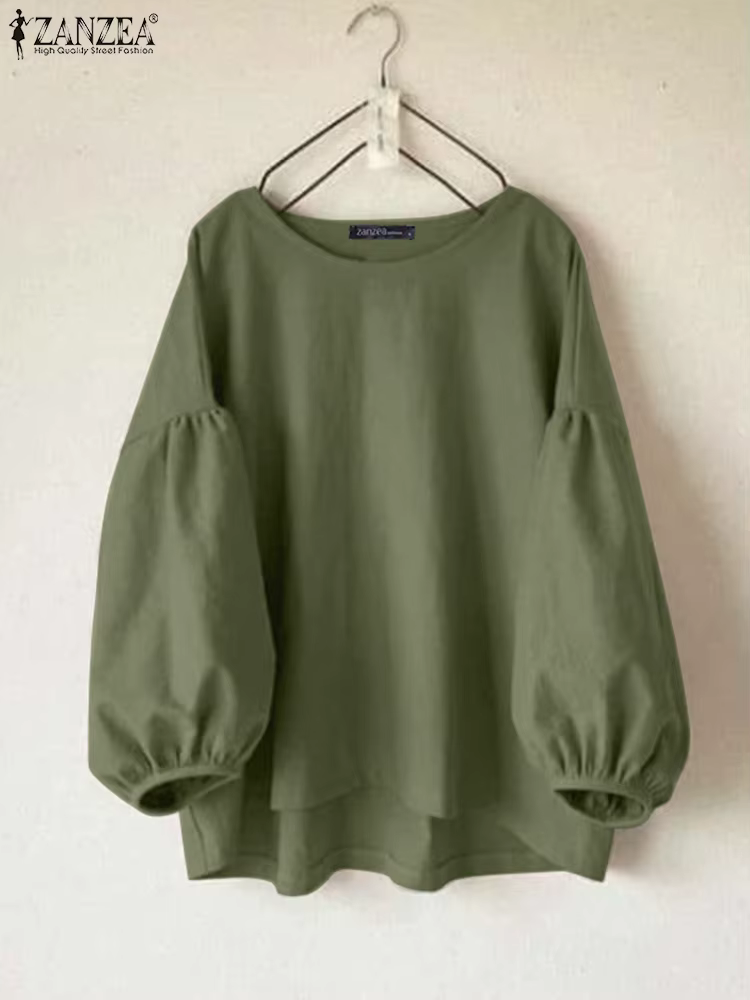 ZANZEA-Chemise Vintage à Manches sulfet Col Rond pour Femme, Tunique de Couleur Unie, Décontractée, 