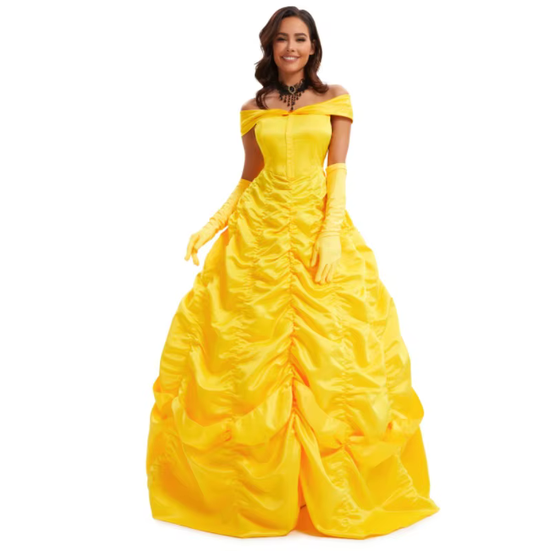 Nouvelle Robe Longue Jaune Belle Princesse 2026 pour Femme – Tenue de Cosplay pour Fêtes Thème Vacan