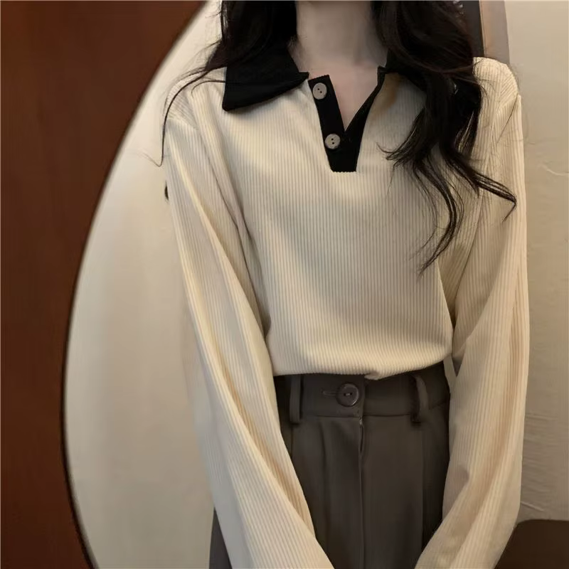 Haut décontracté à col Polo pour femmes, chemise ample et Slim à manches longues à revers, automne