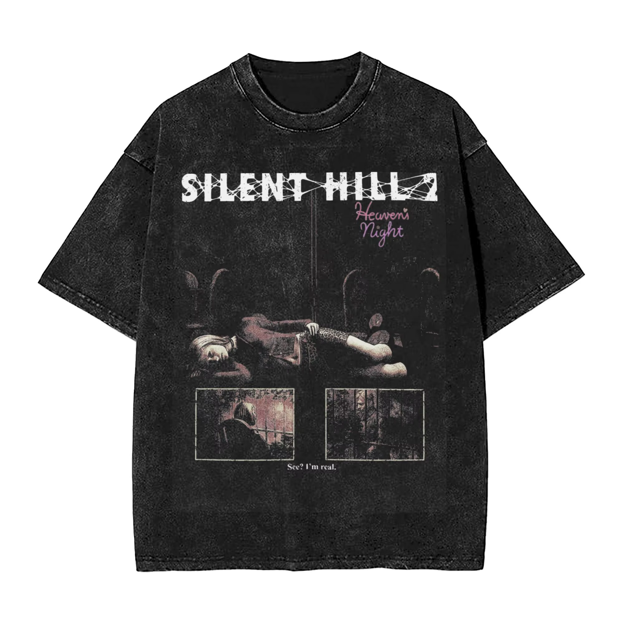 T-Shirt Délavé à Manches Courtes pour Homme et Femme, Streetwear de Rue, Hip Hop, Horreur, Silent Hi
