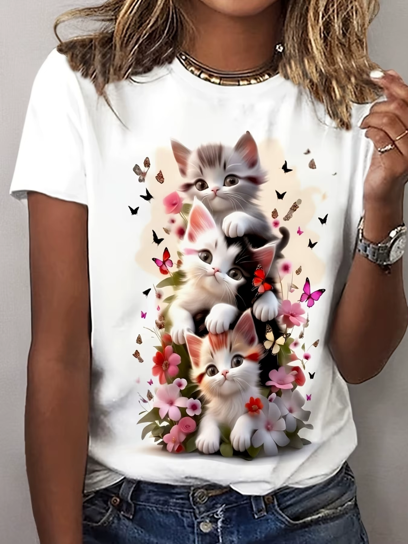 T-Shirt imprimé chat mignon pour femmes, doux, manches courtes, col rond, avec chaton vibrant, impri