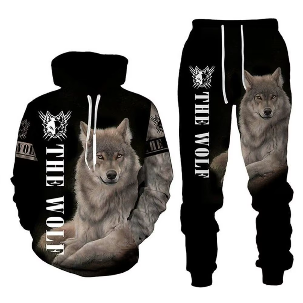 Loup Animal impression 3D sweats à capuche pantalon ensemble hommes automne sweats pantalons de surv