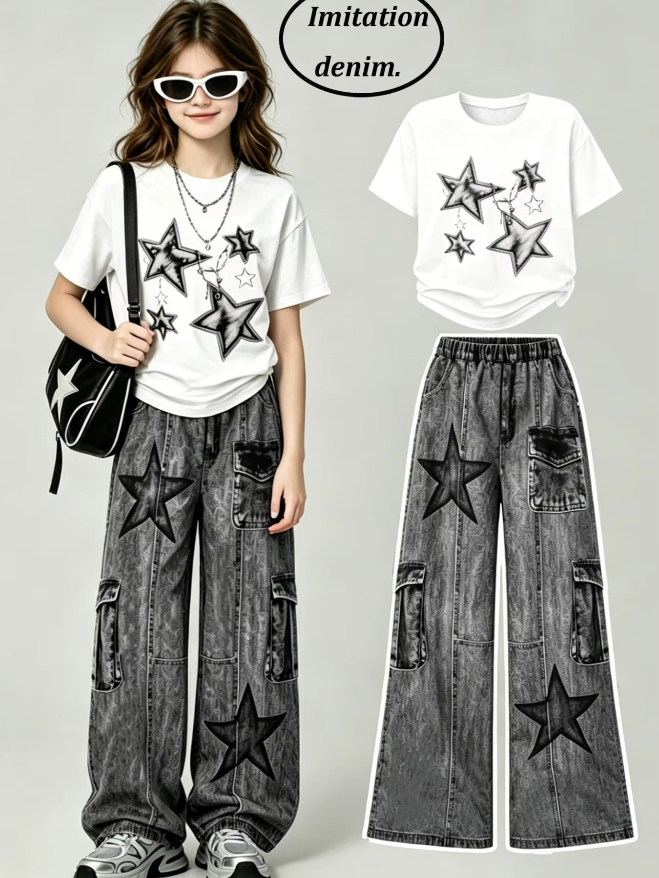 Tenue décontractée d'été pour filles : T-shirt à imprimé étoiles + pantalon cargo en faux jean, ense