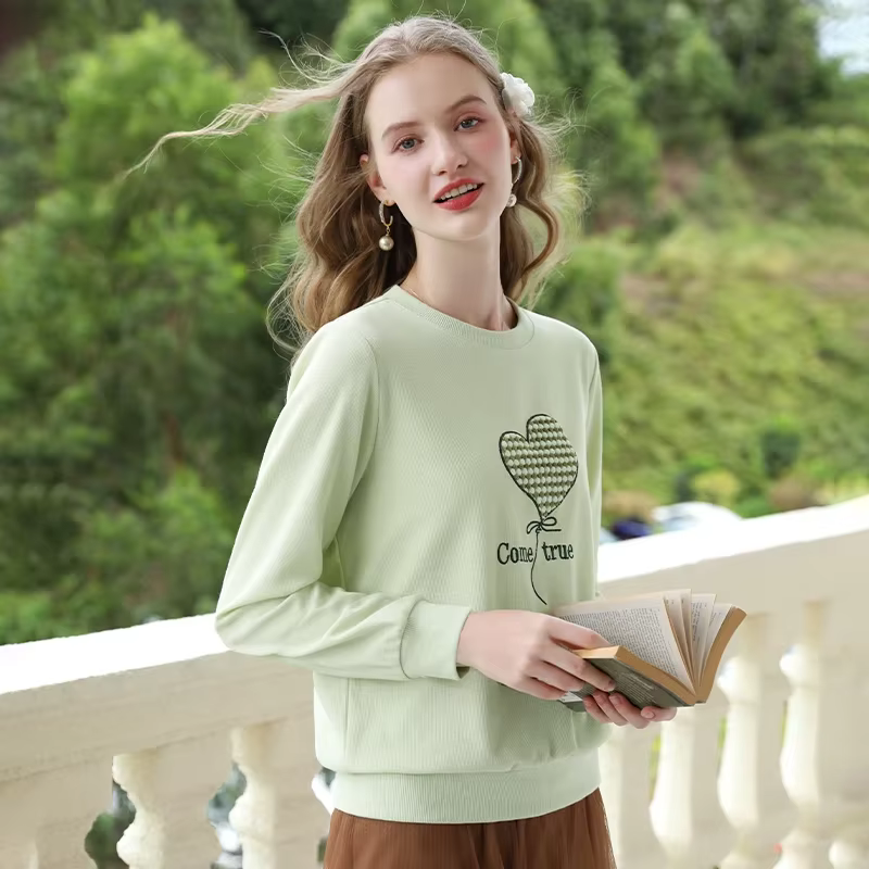 Sweats à capuche I Believe You pour femmes, pulls doux exquis, broderie gaufrée verte, col rond, nou