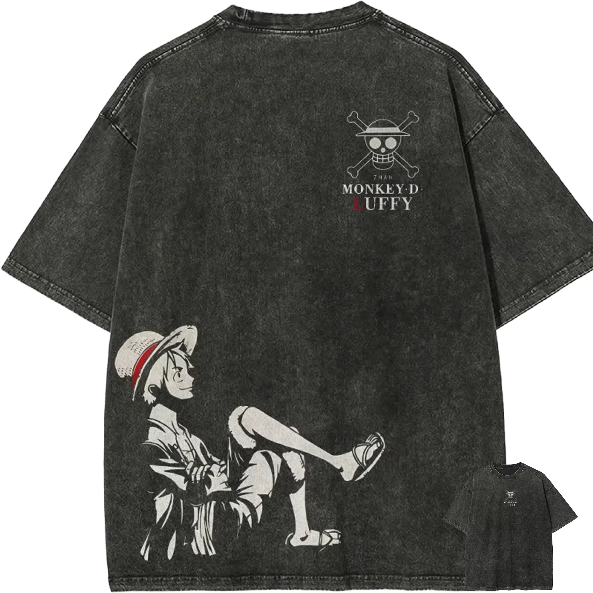 T-shirt Monkey D. Luffy pour homme, One Piece, effet délavé, motif anime, coton, streetwear vintage,