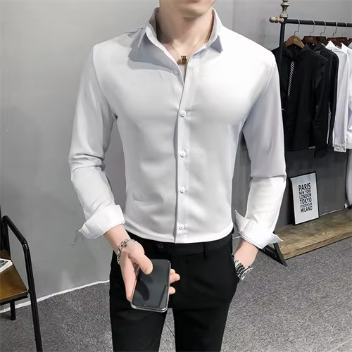 Chemise à manches longues rouge vif hommes mode chemises minces blanc bleu gris hommes hauts noir vi
