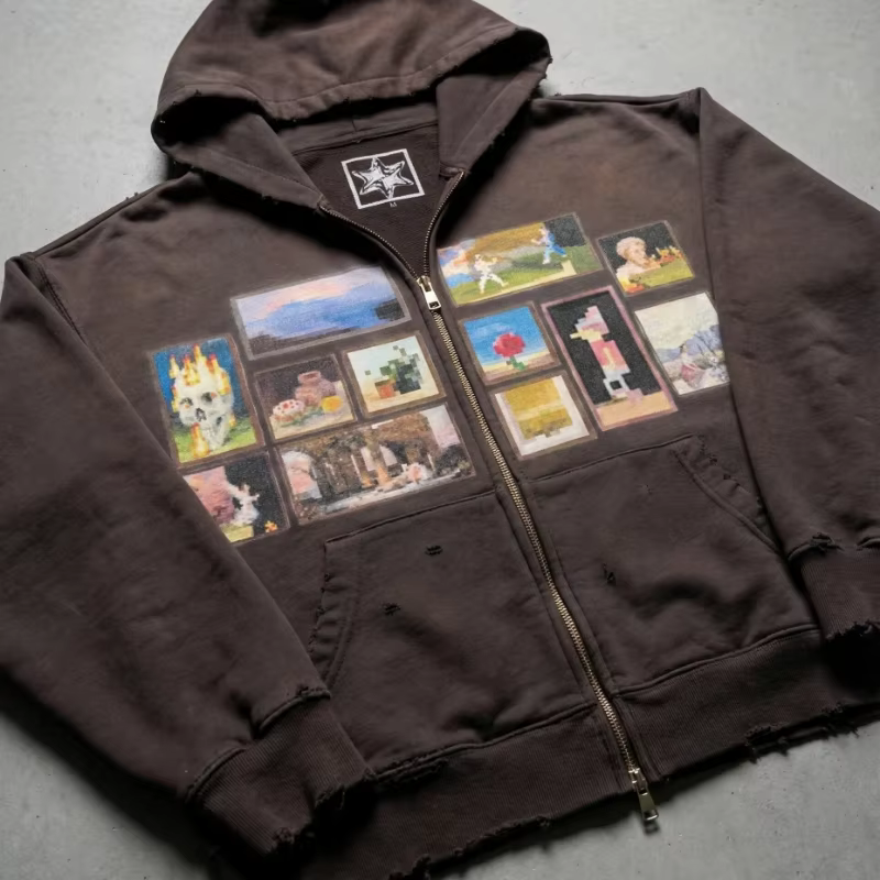 Sweat-shirt à capuche rétro Y2K, motif artistique pixelisé marron, fermeture éclair, tendance, class
