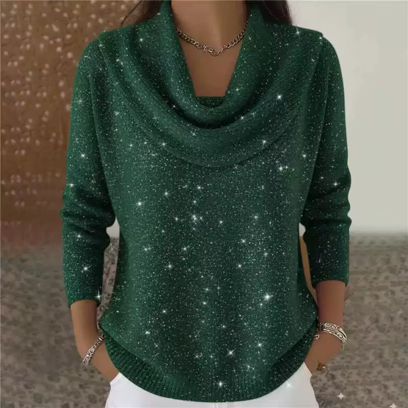 Mode paillettes tricot pull pour femmes décontracté Pile col à manches longues pull chandails hauts 