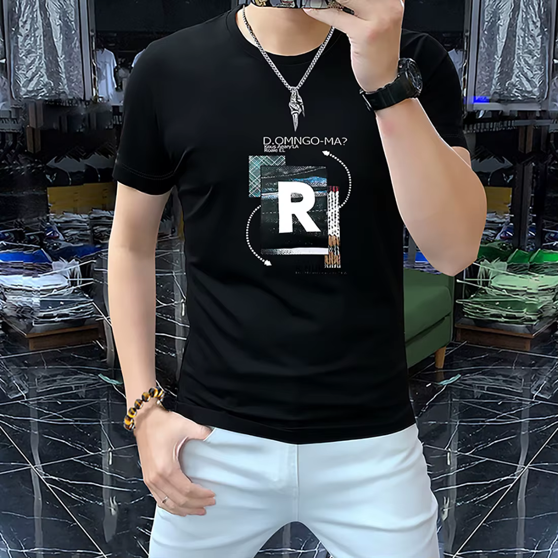 T-shirt de luxe pour hommes, lettre R imprimée, en coton mercerisé, nouvelle tendance, col rond, cou