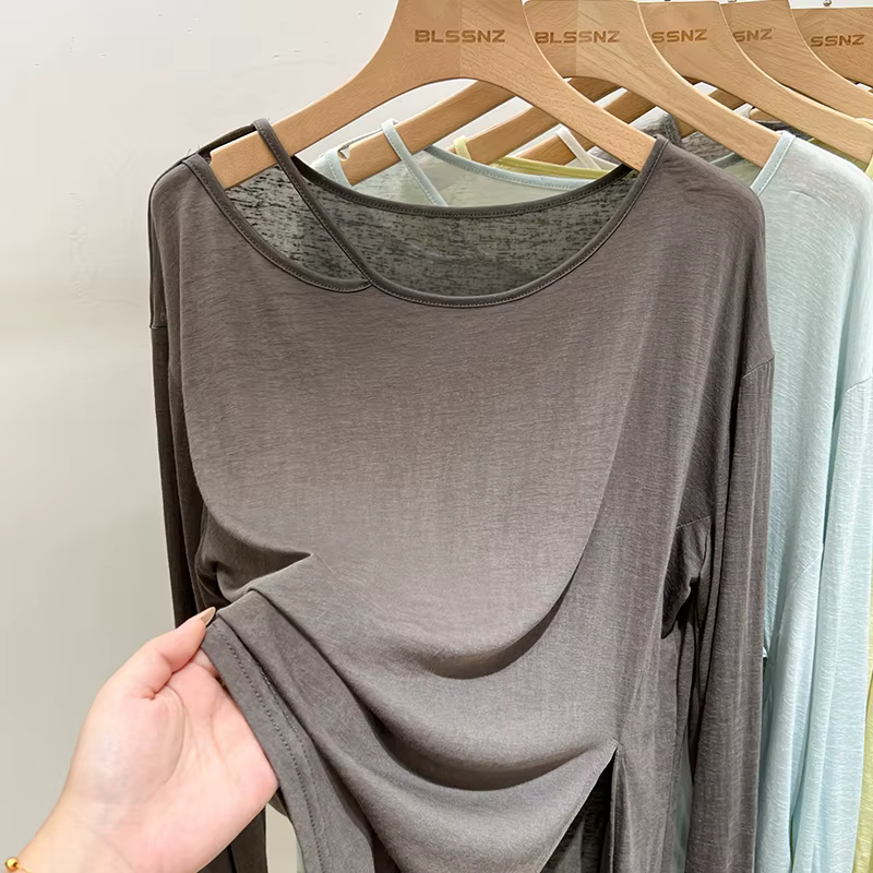 T-shirt femme à épaules dénudées, manches longues, protection solaire, coupe ample, fin et transpare