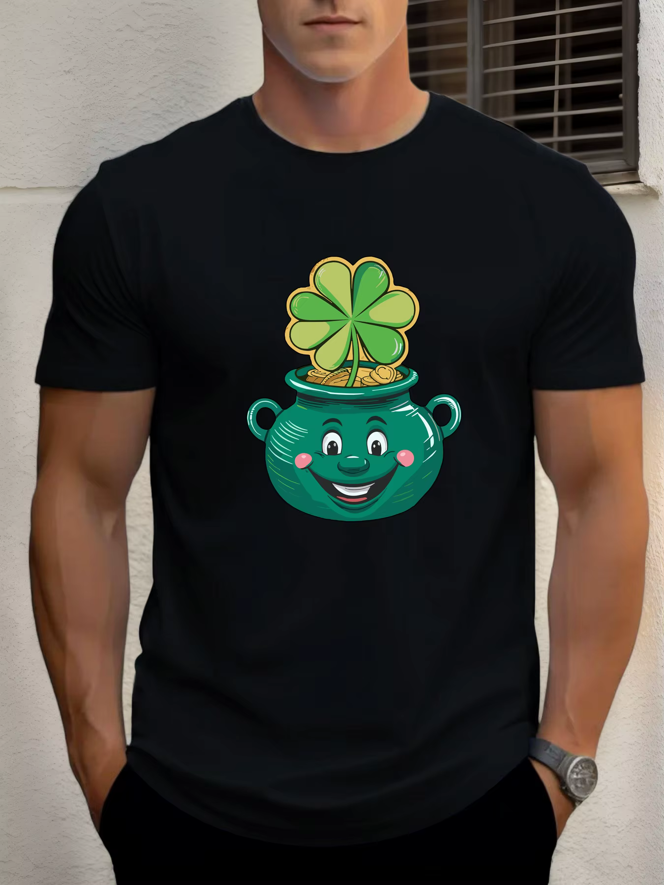 T-shirt pour hommes pot trèfle 100 % coton imprimé graphique été col rond t-shirt décontracté respir