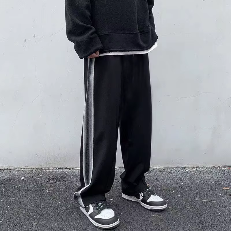 Pantalon long décontracté Y2K noir pour homme, coupe droite, fendu sur le côté, à rayures, style str