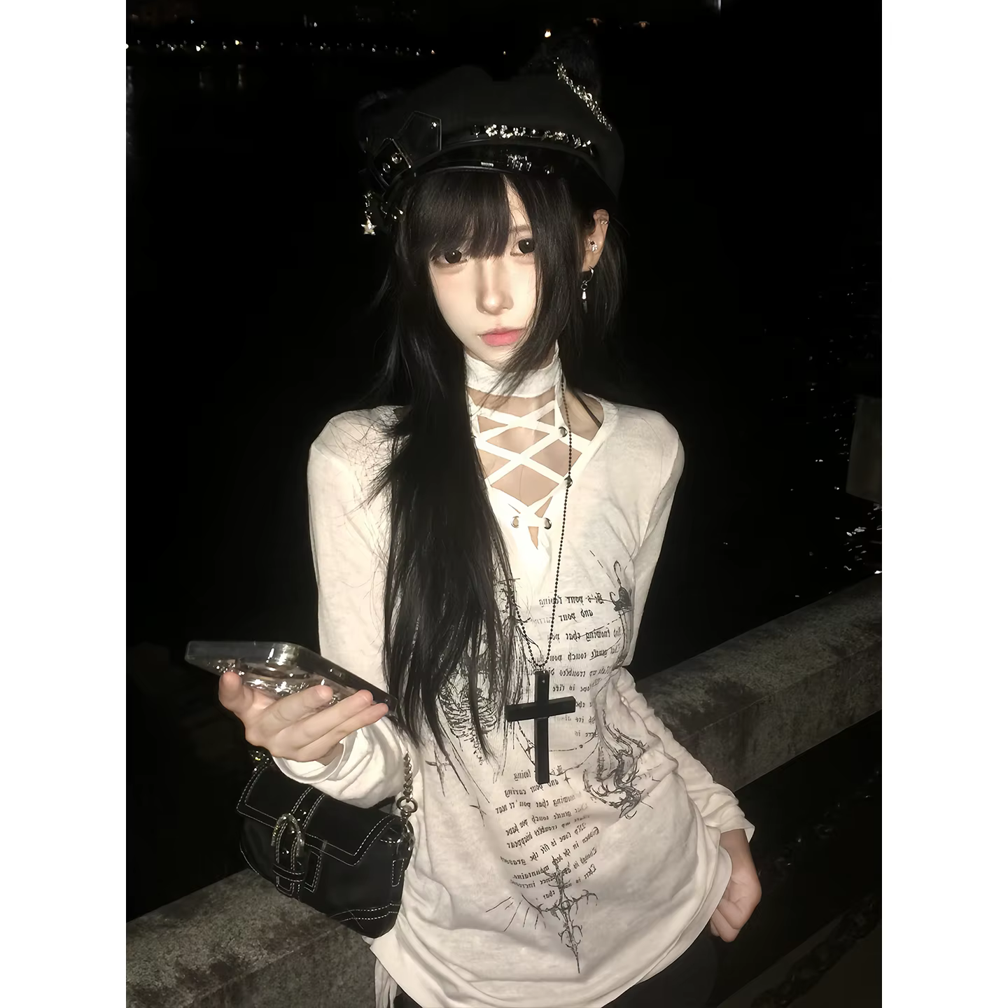 Seeslim Chic imprimé graphique t-shirts femme à lacets jeune 2000s vêtements Y2k à manches longues t