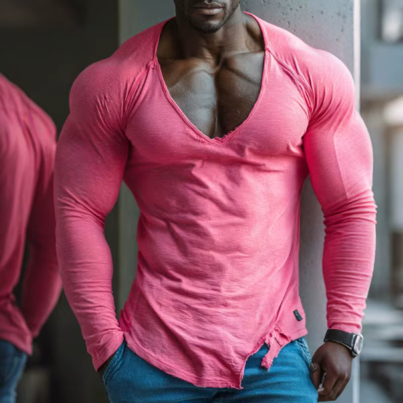 T-shirt de fitness à manches longues et col en V pour homme, vêtements d'entraînement basiques tenda