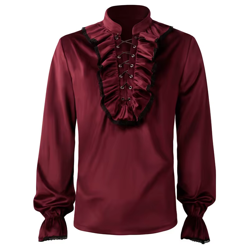 Chemises plissées en velours rouge pour hommes, Costume médiéval noir, pull/camisa à lacets de Style
