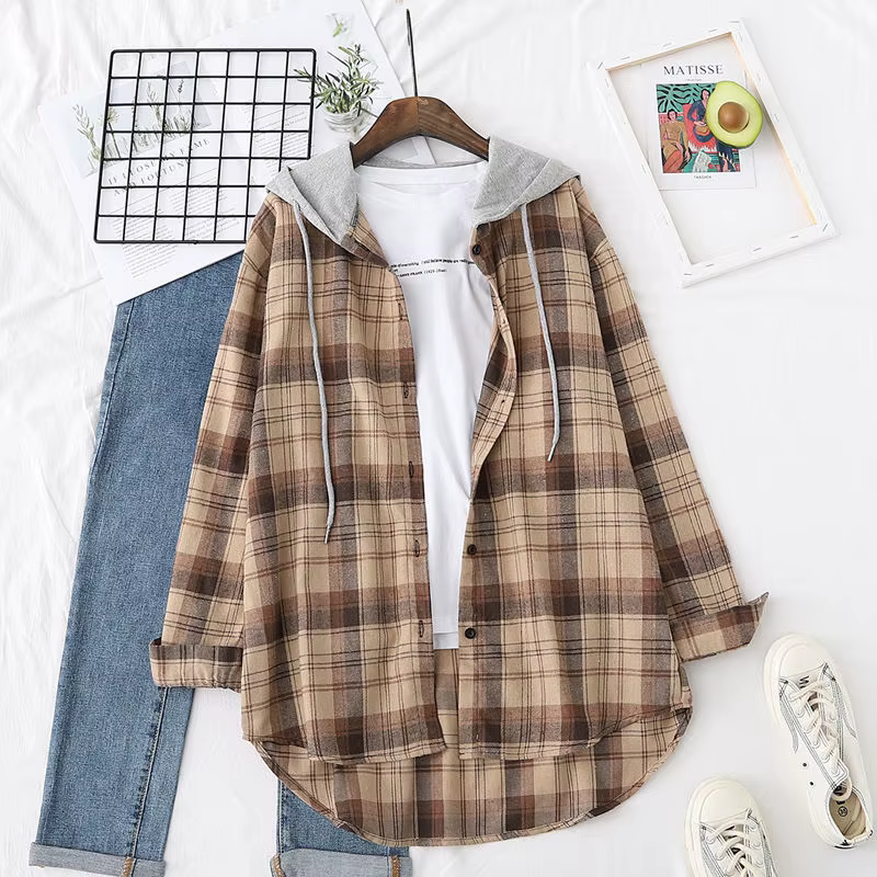 Style Preppy à manches longues ample Plaid Blouse printemps automne à capuche tout-match paresseux S