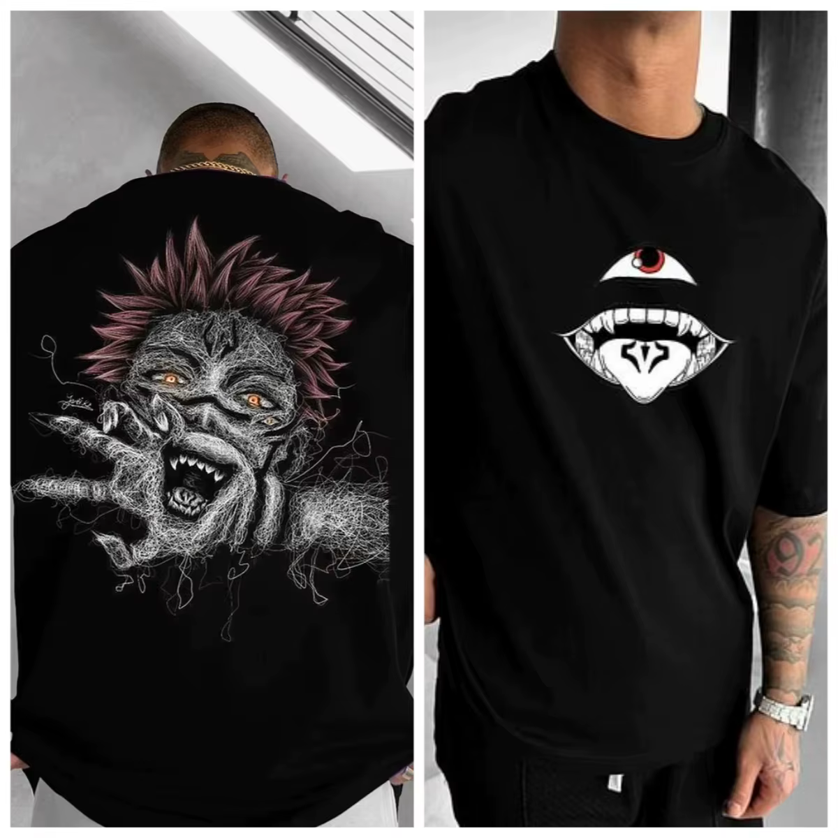 T-shirt graphique Jujutsu Kaisen Sukuna pour homme, noir, imprimé personnage méchant d'anime, coupe 