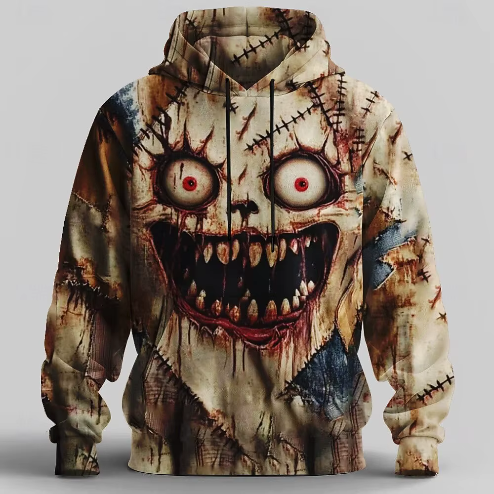 Sweat-shirt à capuche pour hommes, Halloween, visage d'horreur, Punk, col rond exagéré, Club, Street