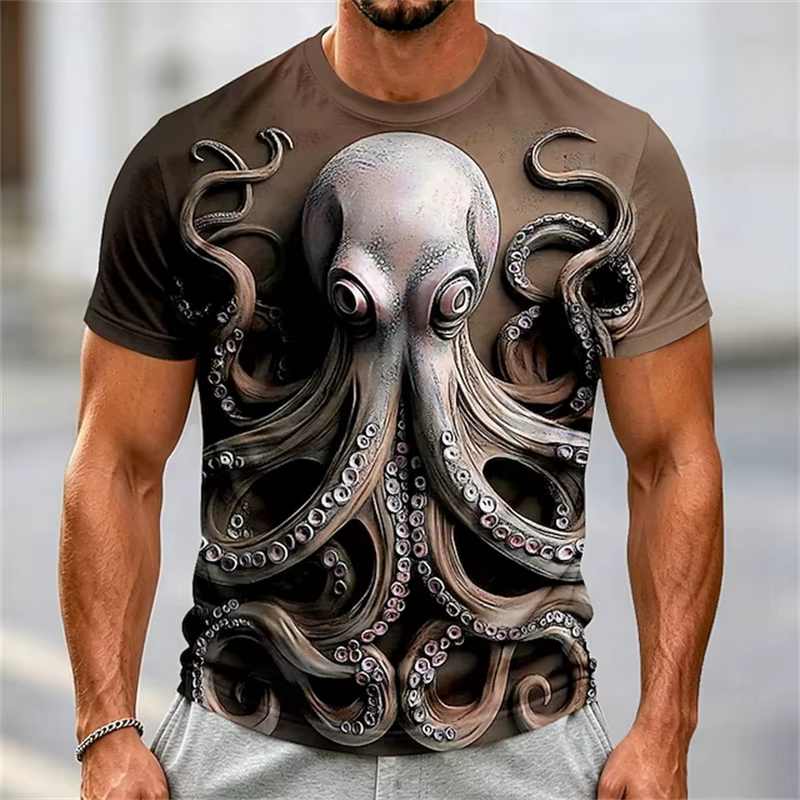 T-shirts imprimés en 3D pour hommes, design graphique rétro avec tentacules, col rond, manches court