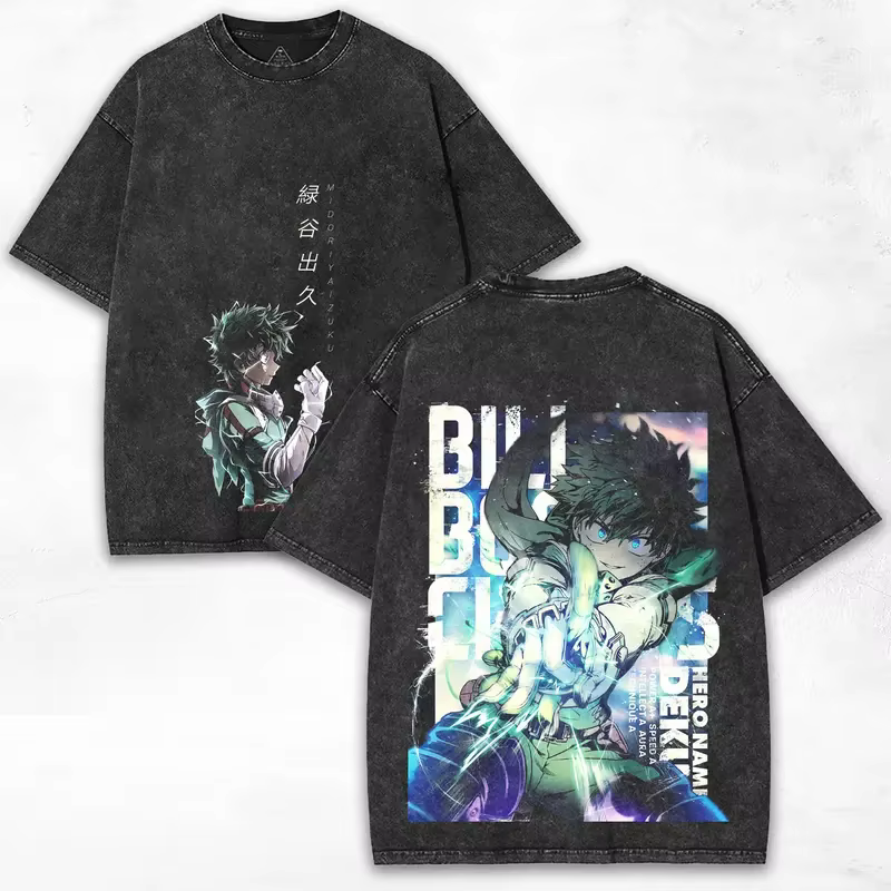 T-shirt Anime My Hero Academia Midoriya Izuku Deku pour hommes et femmes, en coton lavé, surdimensio