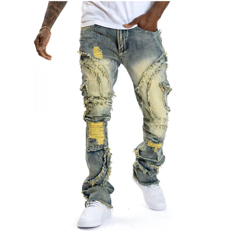 Jean déchiré empilé pour hommes, coupe Slim, jambes droites, mode Hip Hop, pantalon en Denim, Street